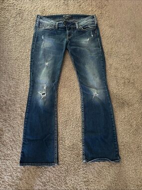 Silver Jeans Women's Dark Blue Distressed Flare Jeans